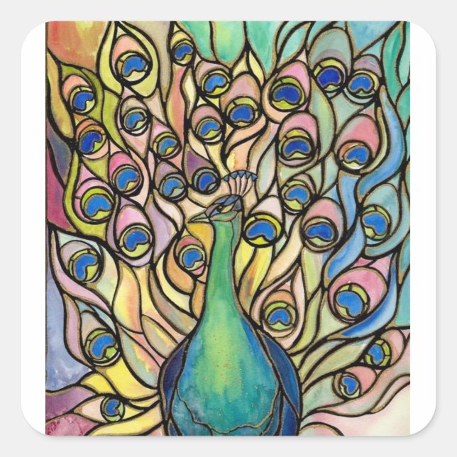 Pegatina Cuadrada Tiffany Peacock Estilo Vidrio Manchado ART pegatin (Anverso)