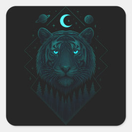 Pegatina Cuadrada Tigre Astral - Depredador Cósmico de Fuego