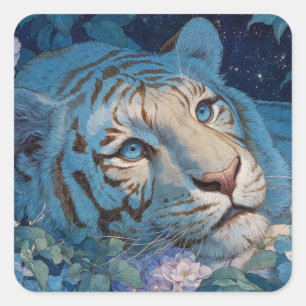 Pegatina Cuadrada Tigre Azul en exuberante jardín floral lavanda y a