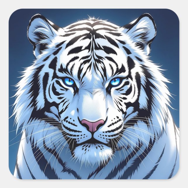 Pegatina Cuadrada Tigre blanco de ojos azules (Anverso)