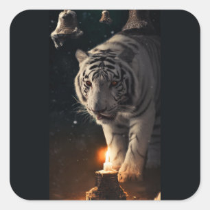 Pegatina Cuadrada Tigre Blanco - Guardián de la Luz de las Velas de
