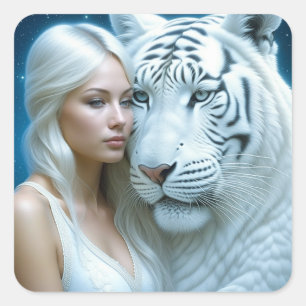Pegatina Cuadrada Tigre blanco místico y mujer