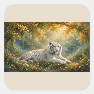 Pegatina Cuadrada Tigre Blanco – Un Lugar Tranquilo Bajo Hojas Dorad