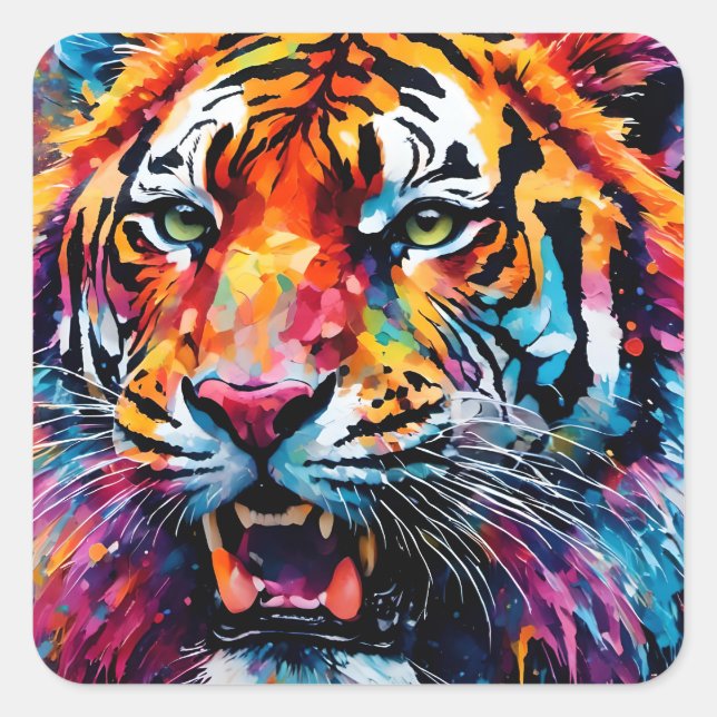 Pegatina Cuadrada Tigre colorido (Anverso)