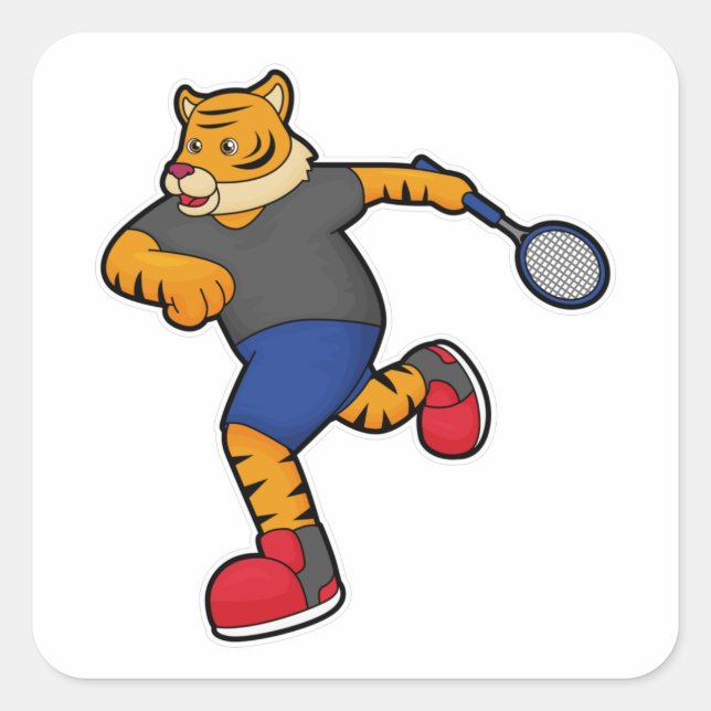 Pegatina Cuadrada Tigre como jugador de tenis con raqueta de tenis (Anverso)