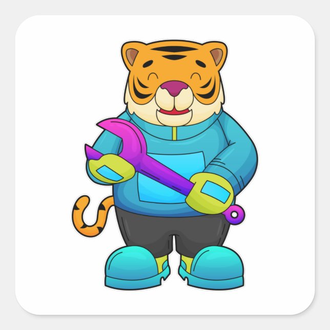 Pegatina Cuadrada Tigre como mecánico con llave (Anverso)