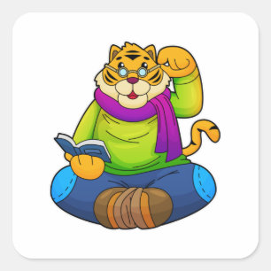 Pegatina Cuadrada Tigre como nervioso con libro