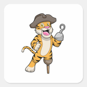 Pegatina Cuadrada Tigre como pirata con pierna de madera y mano enga
