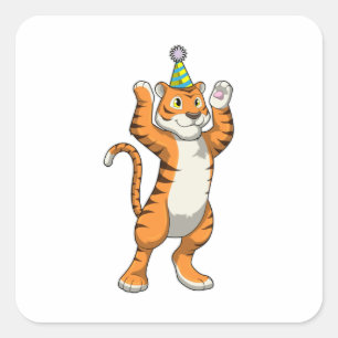 Pegatina Cuadrada Tigre con Fiesta gorra Fiesta
