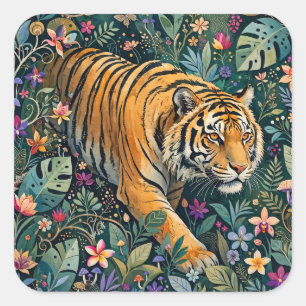 Pegatina Cuadrada Tigre con ojos ámbar, follaje de jungla de fantasí