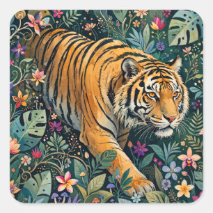 Pegatina Cuadrada Tigre con ojos ámbar, follaje de jungla de fantasí