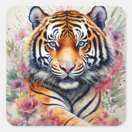 Pegatina Cuadrada Tigre de acuarela con pintura floral