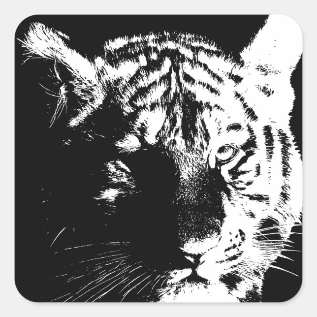 Pegatina Cuadrada Tigre de arte pop blanco y negro (Anverso)