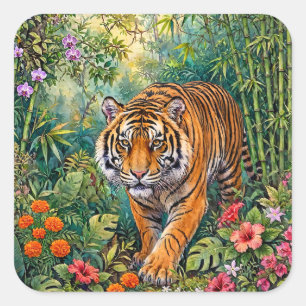 Pegatina Cuadrada Tigre de Bengala Jungla de Bambú Vibrante