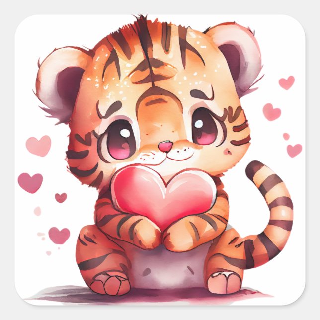 Pegatina Cuadrada Tigre de Corazón Bonito San Valentín (Anverso)
