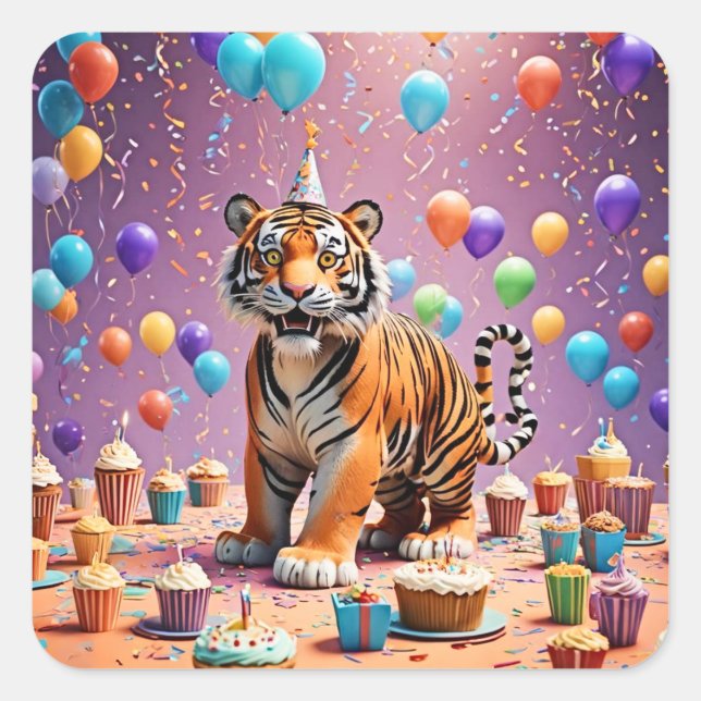 Pegatina Cuadrada Tigre de cumpleaños (Anverso)