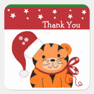 Pegatina Cuadrada Tigre de Navidad Gracias