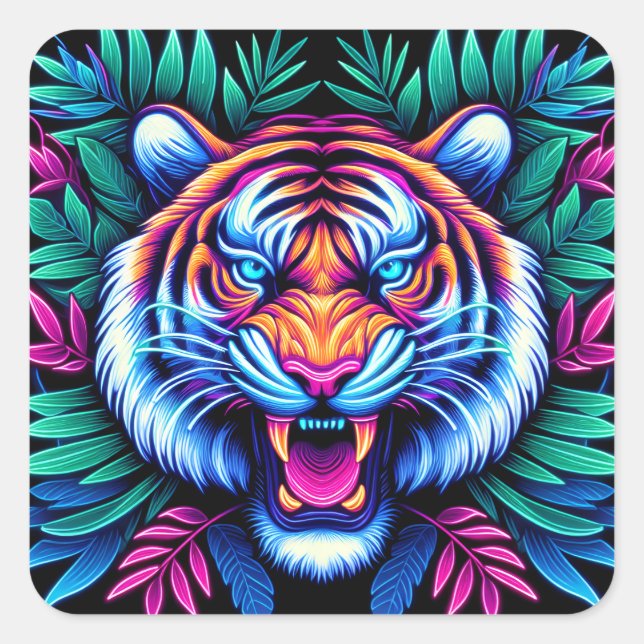 Pegatina Cuadrada Tigre de neón y hojas de selva (Anverso)
