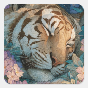 Pegatina Cuadrada Tigre durmiente en jardín floral rosa y púrpura