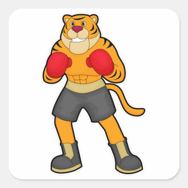 Pegatina Cuadrada Tigre en boxeo con guantes de boxeo (Anverso)