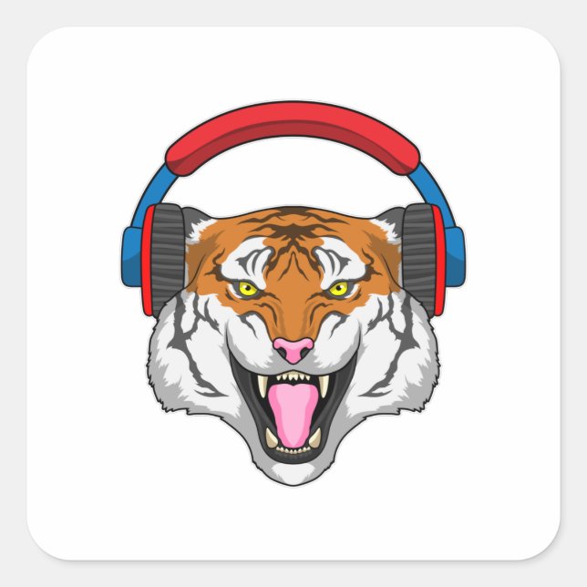 Pegatina Cuadrada Tigre en la música con auriculares (Anverso)