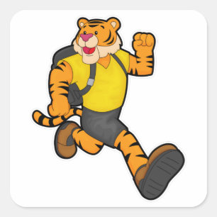 Pegatina Cuadrada Tigre en marcha con mochila