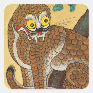 Pegatina Cuadrada Tigre feo del pueblo Minhwa coreano