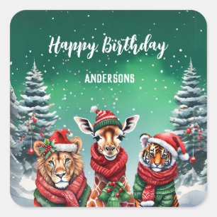 Pegatina Cuadrada Tigre lindo, león, chica de cumpleaños de Navidad