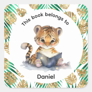 Pegatina Cuadrada Tigre lindo leyendo un libro