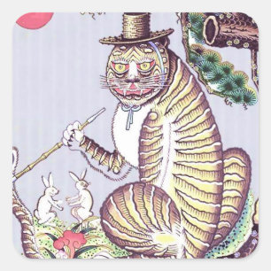 Pegatina Cuadrada Tigre Minhwa con conejos y pipa