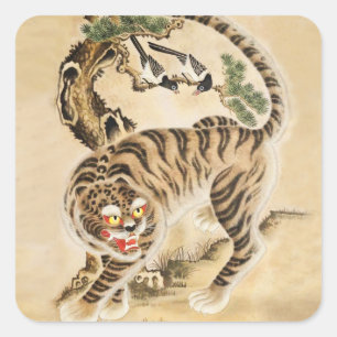 Pegatina Cuadrada Tigre Minhwa de época bajo árbol de pino