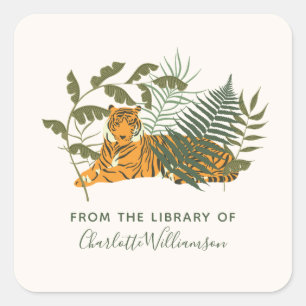 Pegatina Cuadrada Tigre personalizado de la biblioteca de exlibris