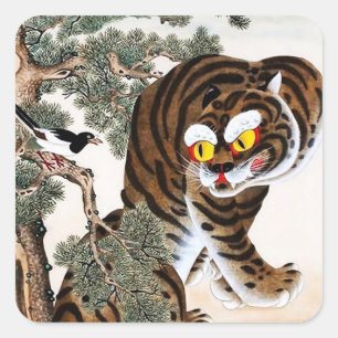 Pegatina Cuadrada Tigre y Minhwa magpie bajo árbol de pinos
