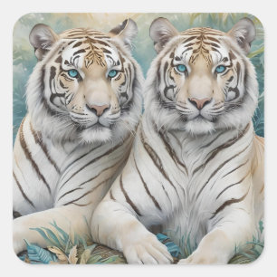 Pegatina Cuadrada Tigres dorados pálidos en una selva verde azul