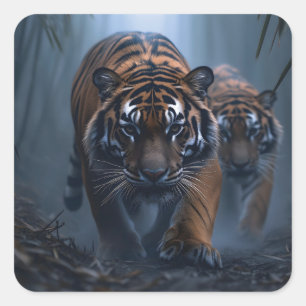 Pegatina Cuadrada Tigres majestuosos en una jungla niebla