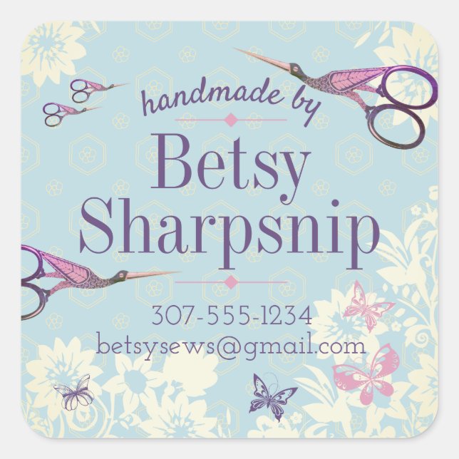 Pegatina Cuadrada Tijeras de cigüeña cosiendo edredón personalizado (Anverso)