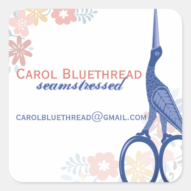 Pegatina Cuadrada Tijeras de cigüeña de aves ornamentales cosiendo c (Anverso)