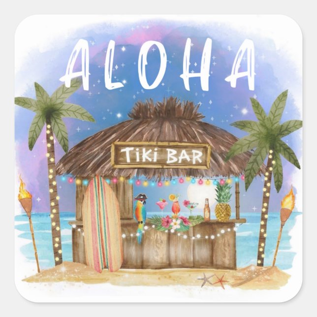 Pegatina Cuadrada Tiki Beach Bar Surf Tropical & Sea (Anverso)