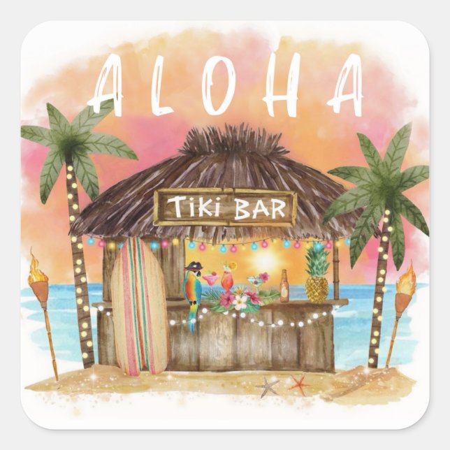 Pegatina Cuadrada Tiki Beach Bar Surf Tropical & Sea (Anverso)
