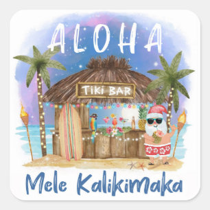 Pegatina Cuadrada Tiki Beach Bar Tropical Mele Kalikimaka Santa