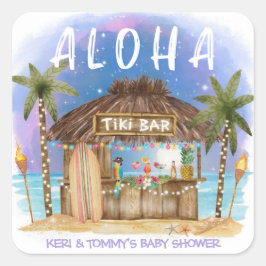 Pegatina Cuadrada Tiki Beach Bar Tropical Surf & Sea Baby Shower