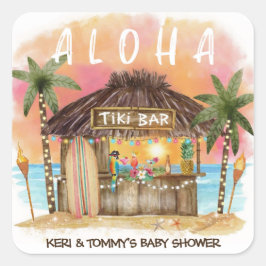 Pegatina Cuadrada Tiki Beach Bar Tropical Surf & Sea Baby Shower