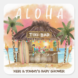 Pegatina Cuadrada Tiki Beach Bar Tropical Surf & Sea Baby Shower