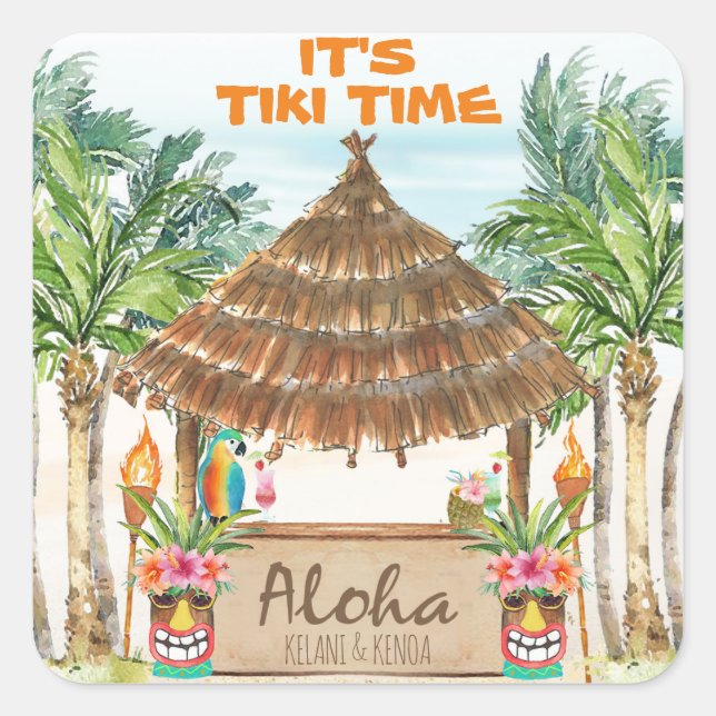 Pegatina Cuadrada Tiki Luau | Aloha Tropical Beach (Anverso)