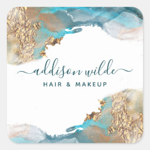 Pegatina Cuadrada Tinta de acuarela líquida de arte moderno azul y d