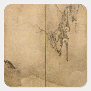 Pegatina Cuadrada Tinta japonesa en papel Gibbons Primates y paisaje