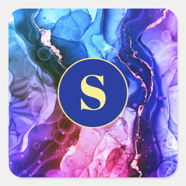 Pegatina Cuadrada Tinta líquida azul, púrpura y violeta rojizo, mono (Anverso)