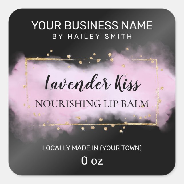 Pegatina Cuadrada Tinta Moderna Black And Purple Gold Lip Balm (Anverso)