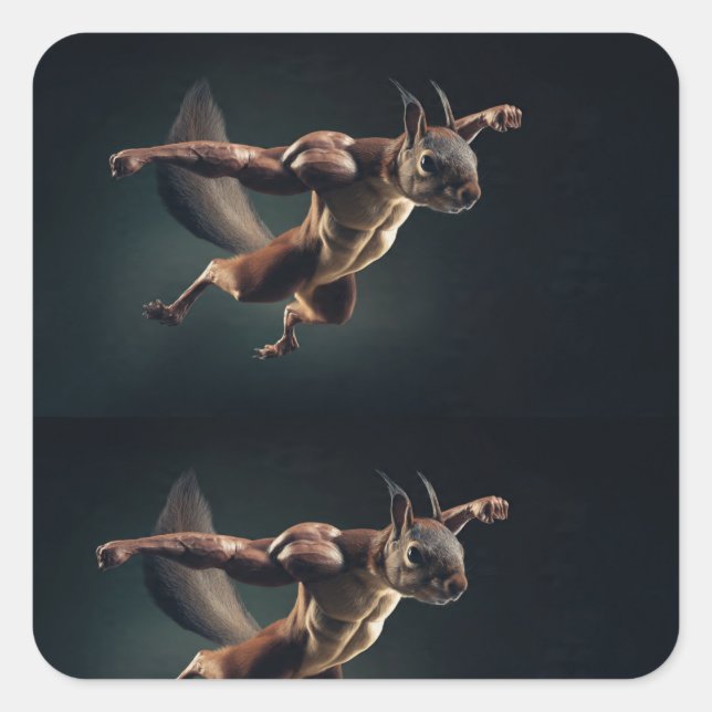 Pegatina Cuadrada Tiny Titan – Minimal Surreal Squirrel Sticker (Anverso)