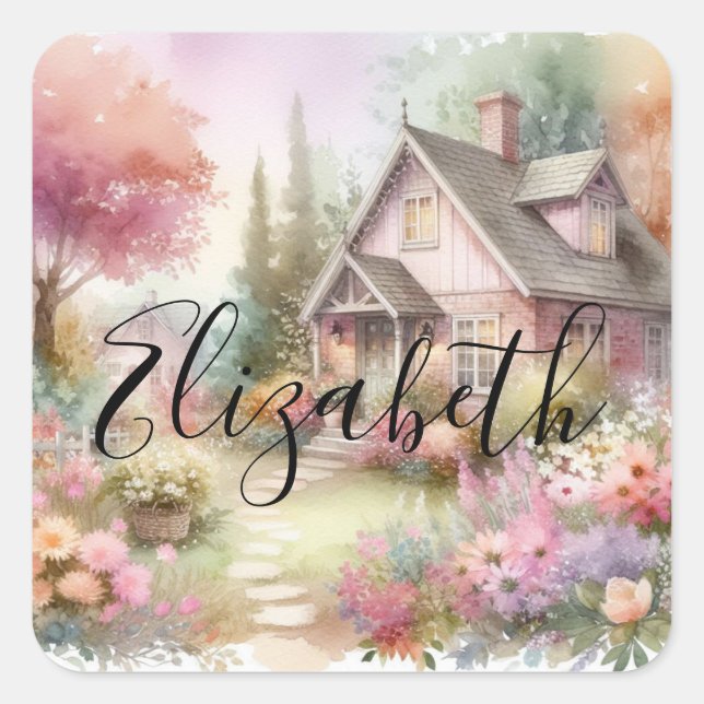 Pegatina Cuadrada Tipografía Caída Costera Floral Acuarela (Anverso)